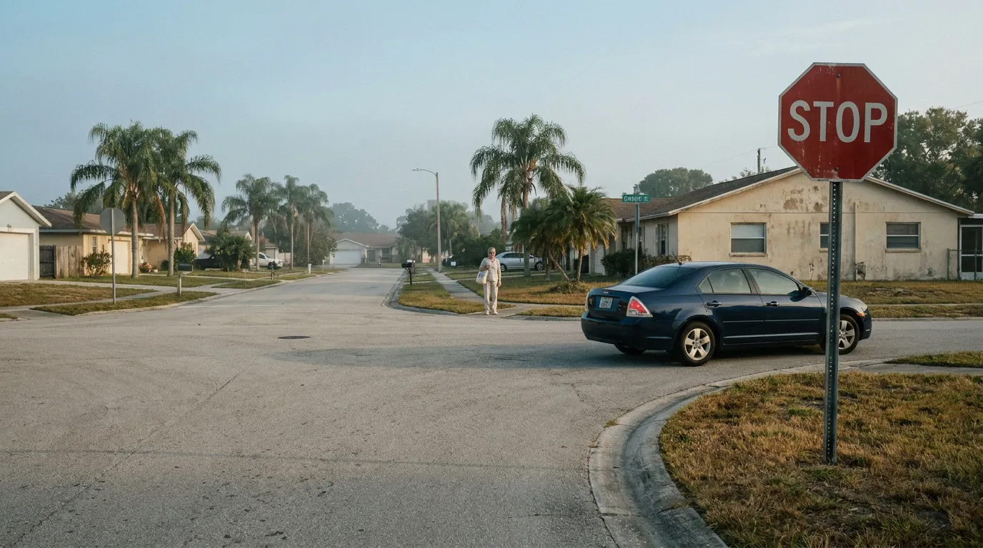 pedestrian standing near residential intersection with stop sign and sedan
