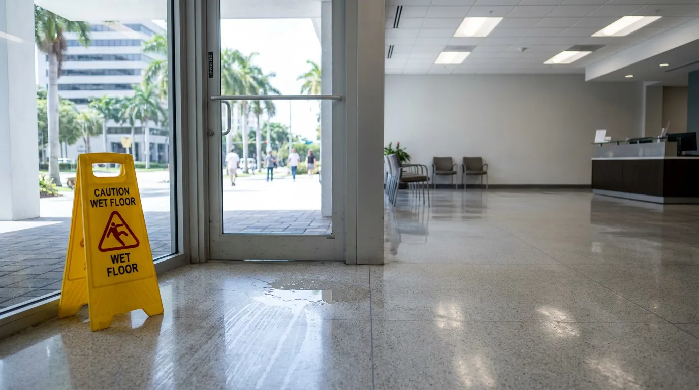 Caution Wet Floor warning sign beside puddle in commercial building lobby