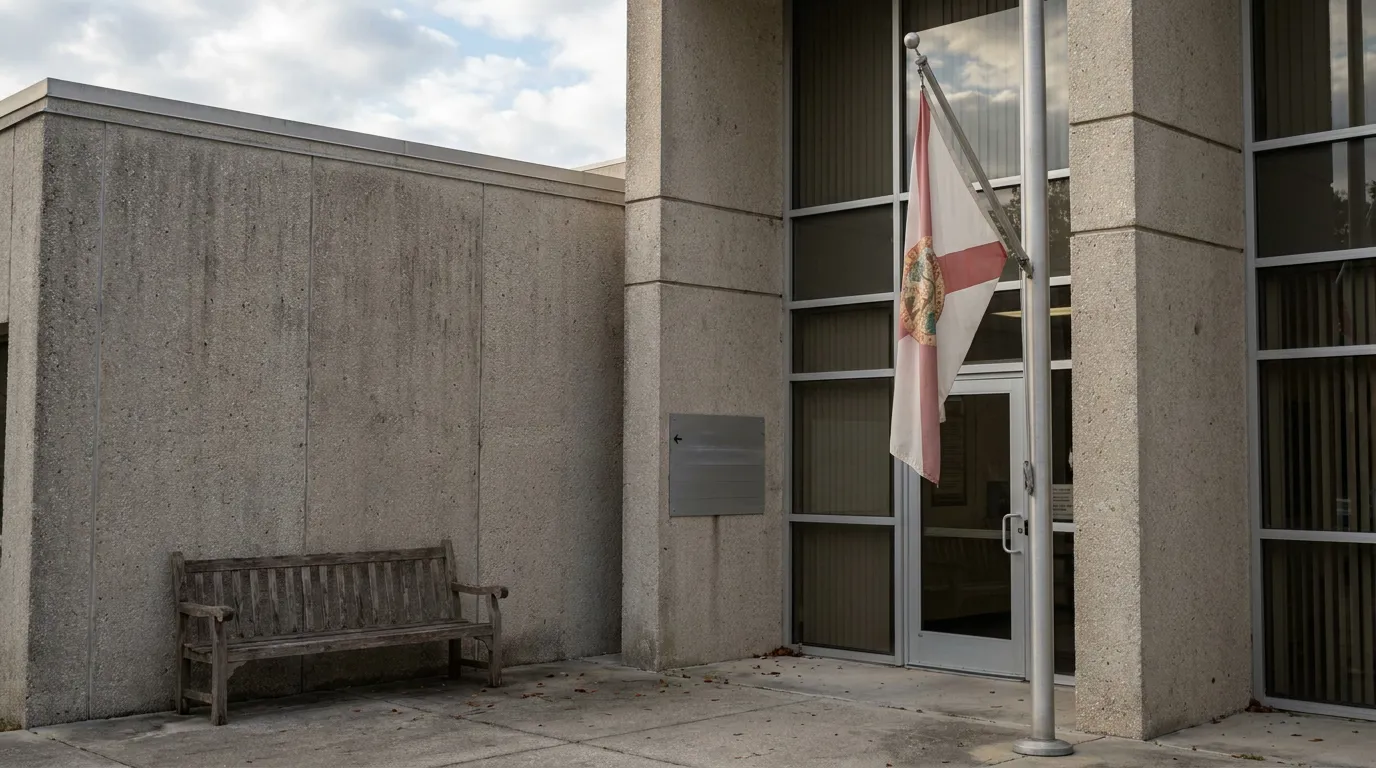 Florida state flag on pole outside concrete government building entrance with bench