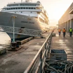 Oceanic Explorer cruise ship docked at port with workers in safety vests walking pier