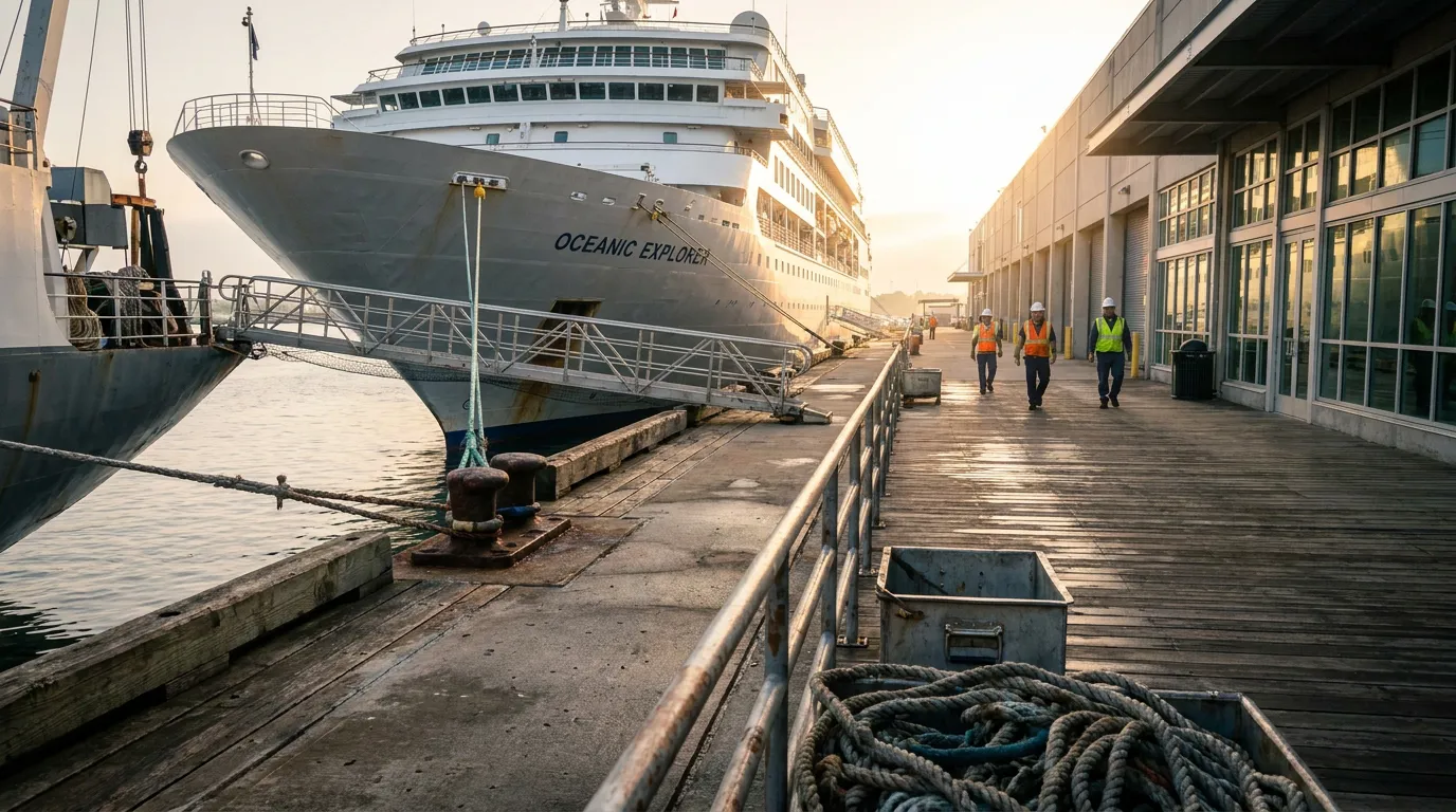 Oceanic Explorer cruise ship docked at port with workers in safety vests walking pier