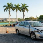 damaged sedan with crushed front bumper parked in salvage yard lot