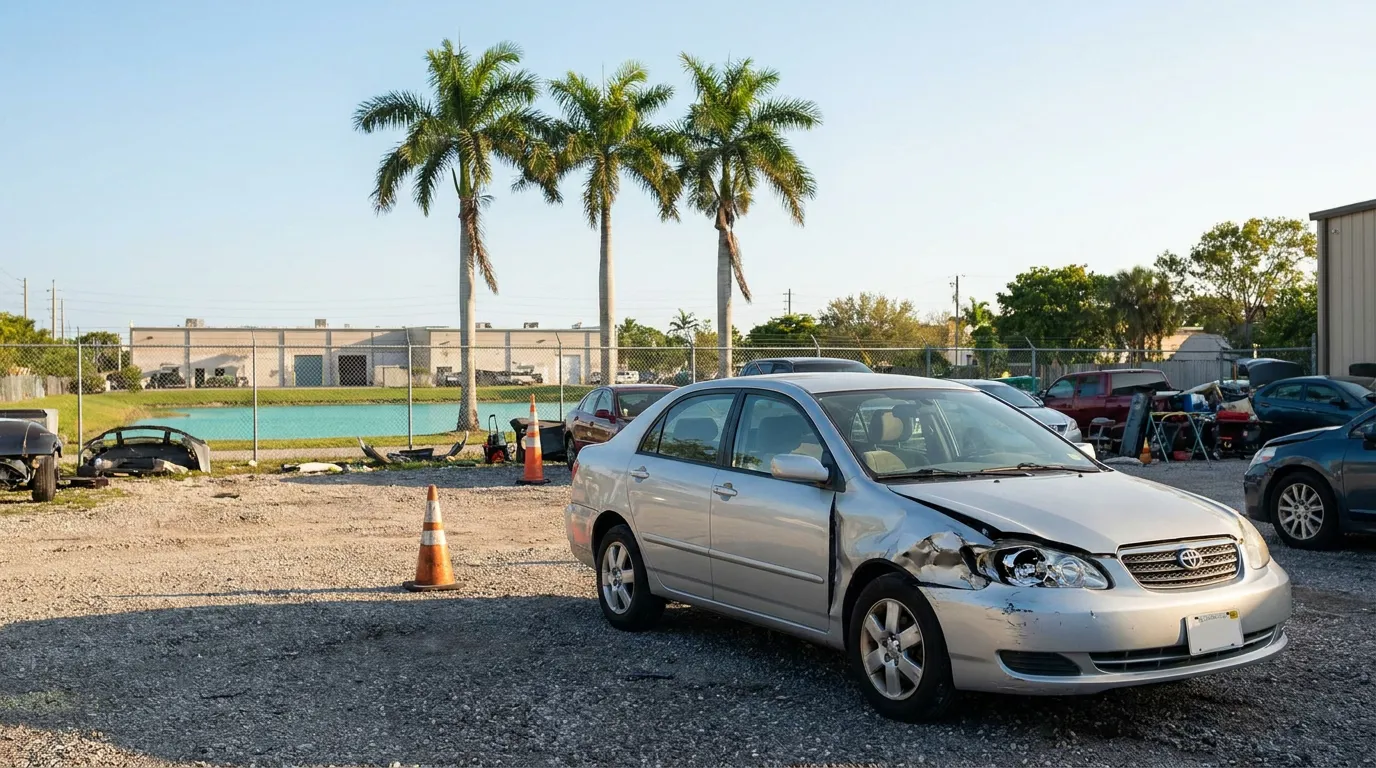 damaged sedan with crushed front bumper parked in salvage yard lot