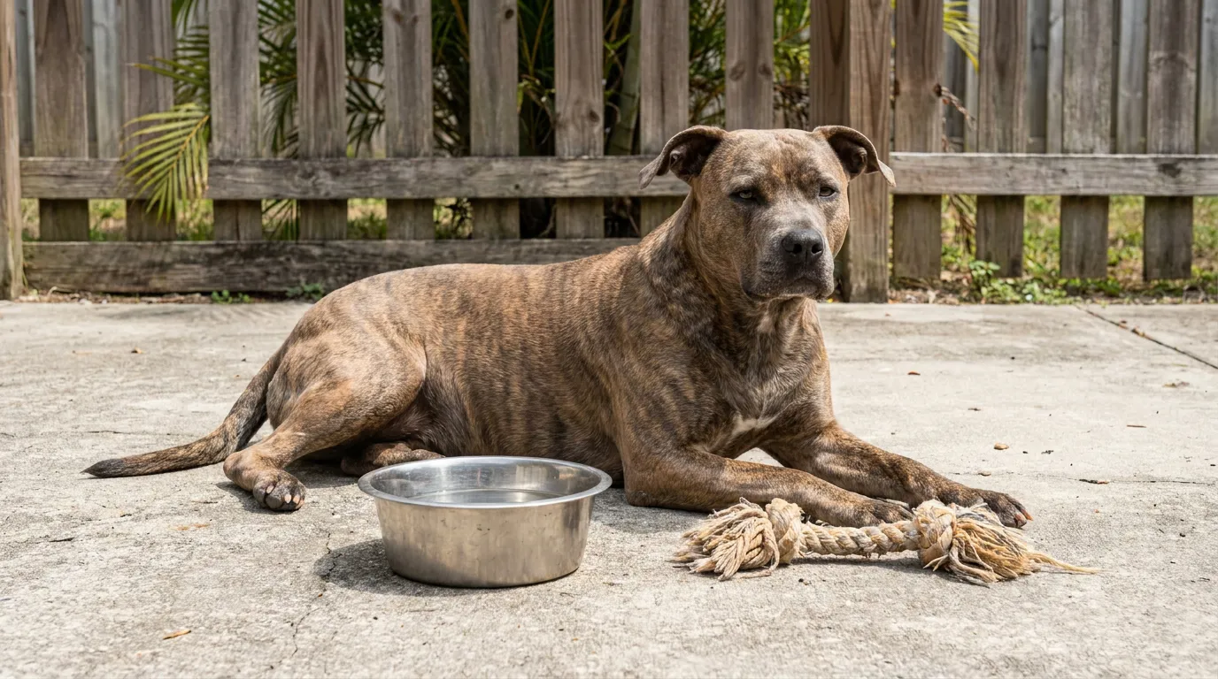 brindle dog lying beside metal bowl and rope toy outdoors