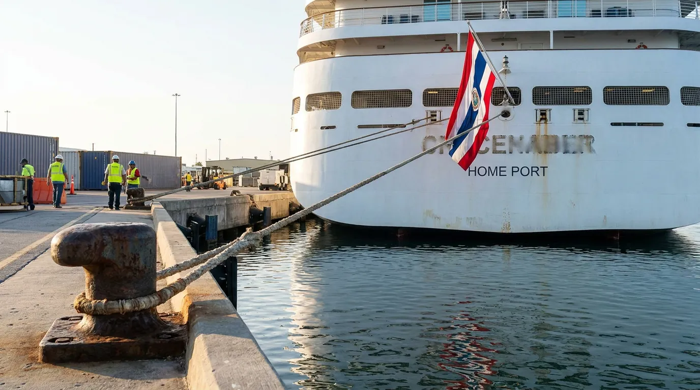 cruise ship docked at port with mooring rope tied to bollard