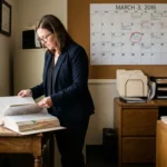 female attorney reviewing tabbed legal documents in office with wall calendar