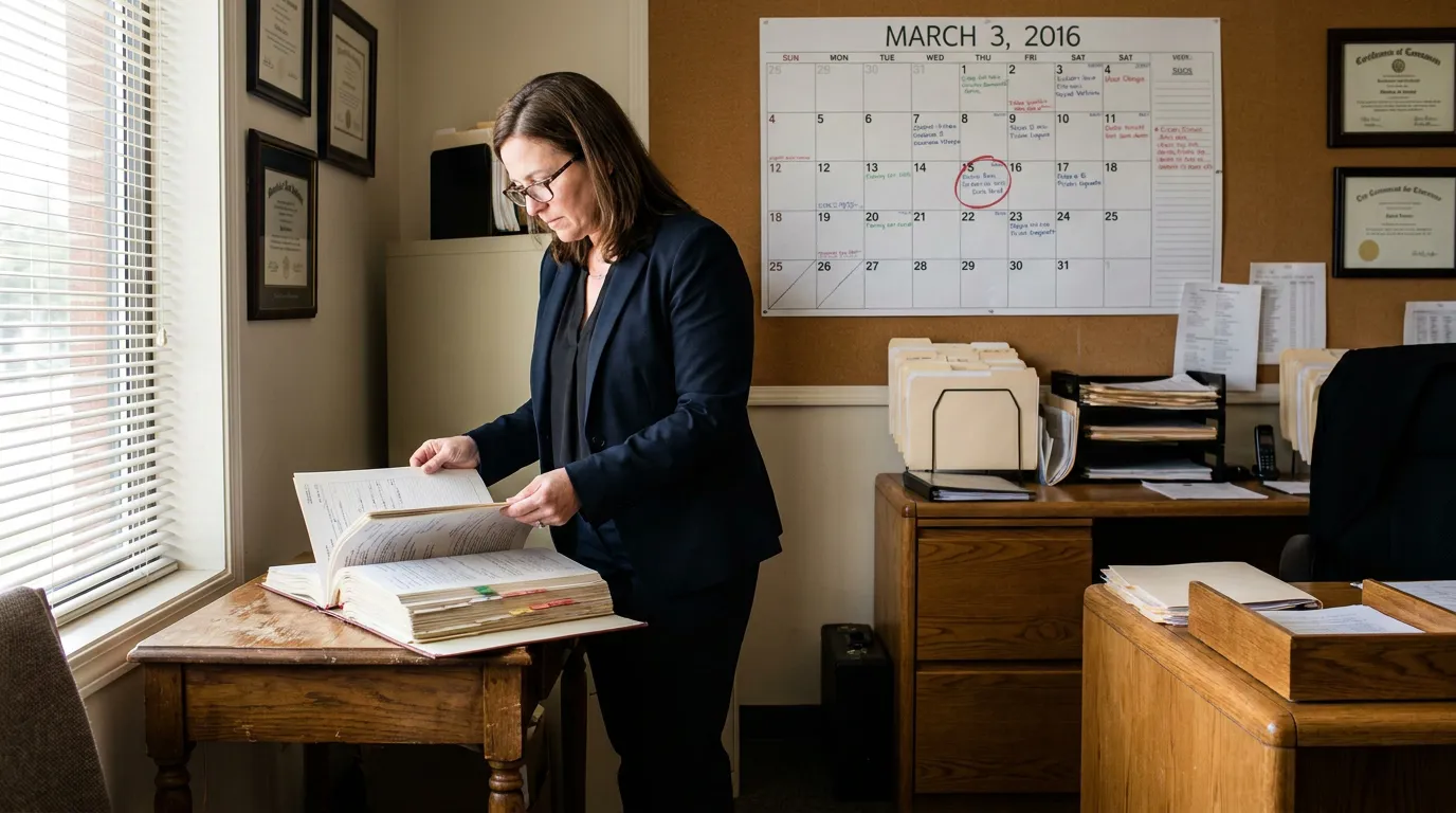 female attorney reviewing tabbed legal documents in office with wall calendar