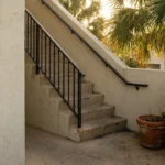 exterior stairwell with metal handrail, terracotta planter, and stucco walls at residential property