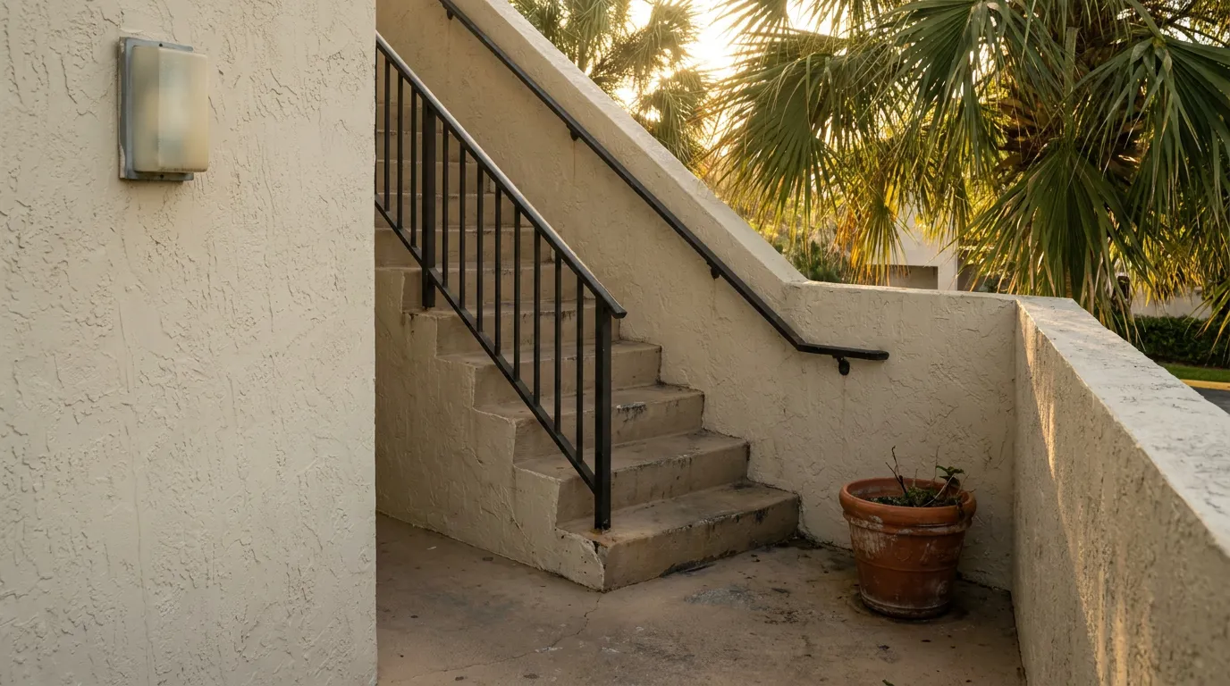 exterior stairwell with metal handrail, terracotta planter, and stucco walls at residential property