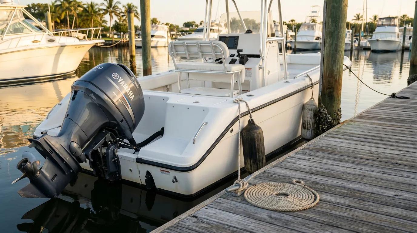 Center console boat with Yamaha outboard motor docked beside coiled rope