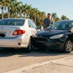 two drivers inspecting rear-end collision between Toyota and Ford sedans on street