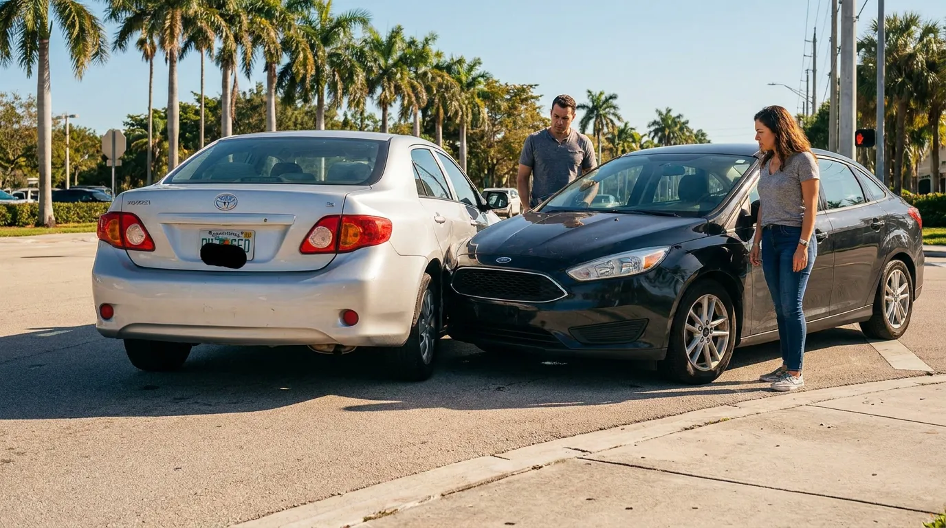 two drivers inspecting rear-end collision between Toyota and Ford sedans on street