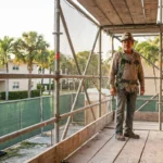 construction worker wearing hard hat and safety harness standing on elevated scaffolding