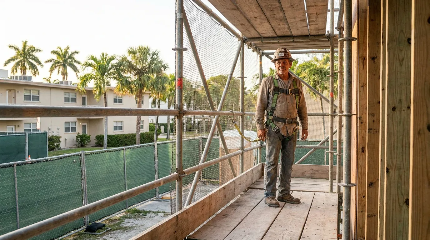 construction worker wearing hard hat and safety harness standing on elevated scaffolding