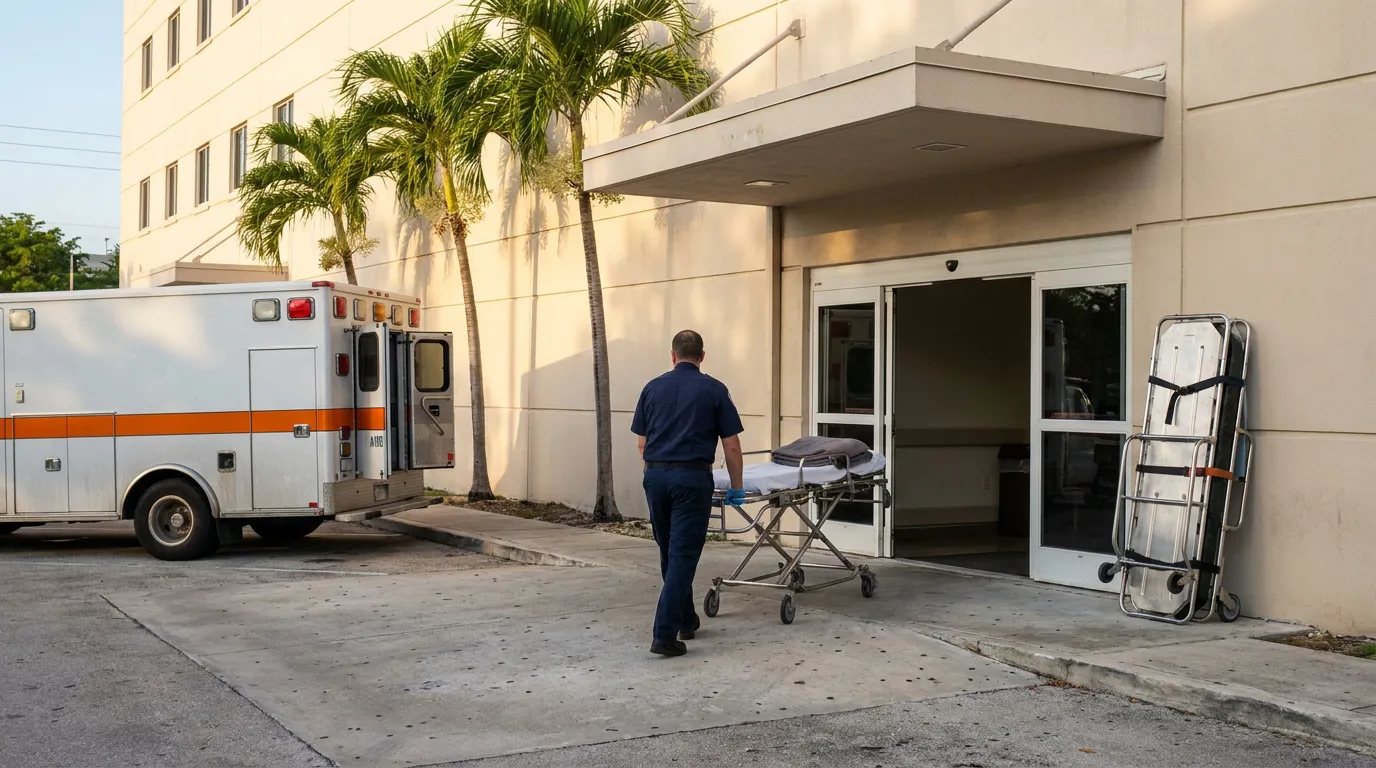 paramedic pushing stretcher toward hospital emergency entrance beside parked ambulance