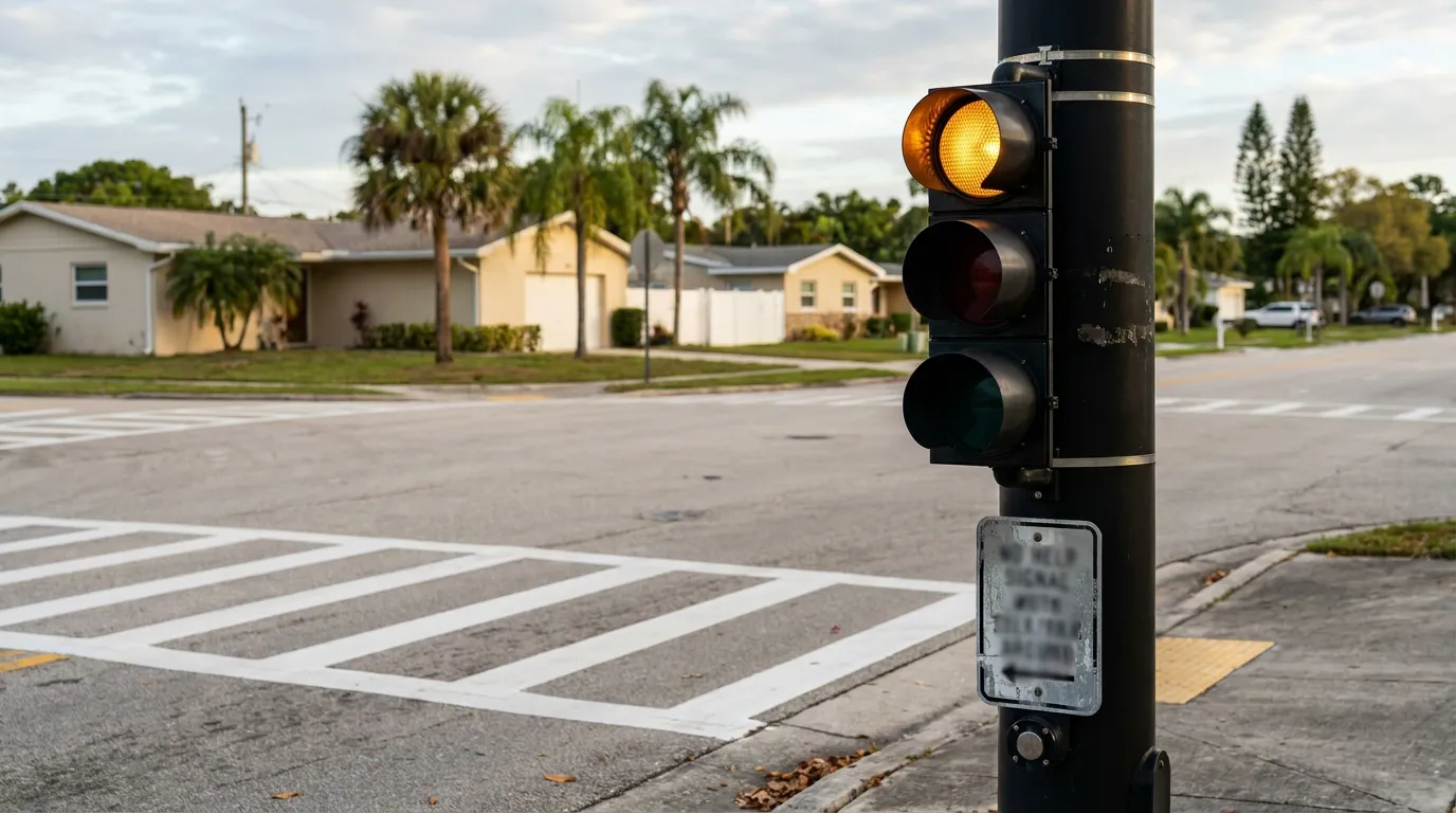 yellow traffic signal and crosswalk at residential intersection with warning sign