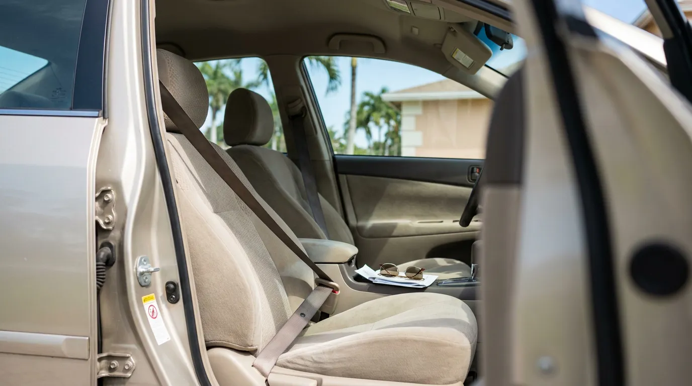 open car door revealing front seat with seatbelt, sunglasses, and document on console