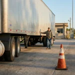 truck driver standing beside semi trailer at weigh station checkpoint
