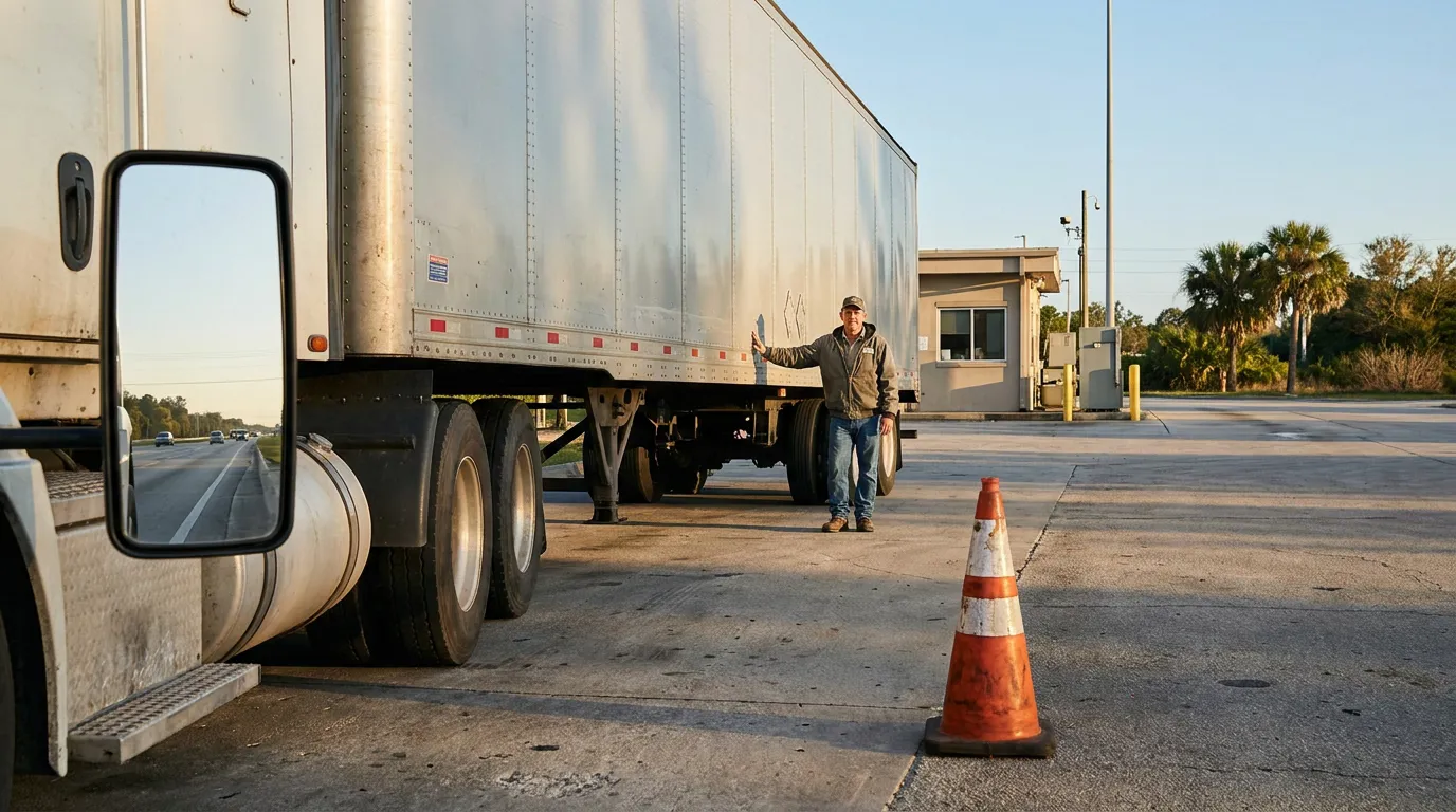 truck driver standing beside semi trailer at weigh station checkpoint