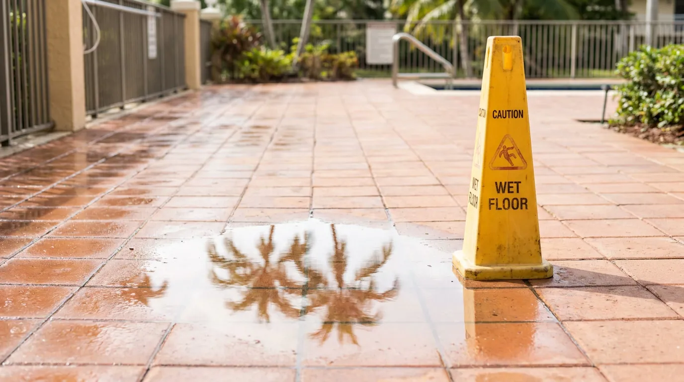 Caution wet floor cone beside water puddle on poolside tile walkway