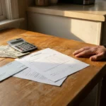 Lien worksheet, checkbook, calculator and cash on kitchen table