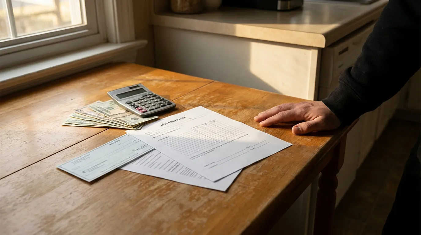 Lien worksheet, checkbook, calculator and cash on kitchen table